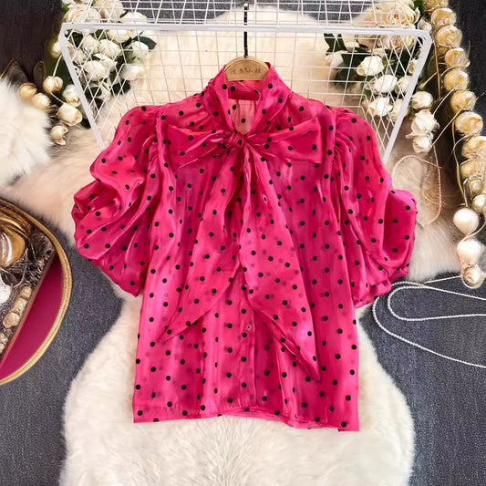 French Style Retro Dots Shirt Female Sweet Bow Collar