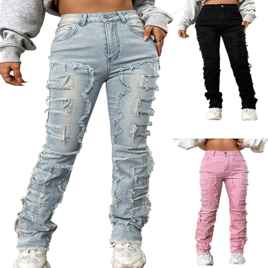Broderede lige benbukser til kvinder – Moderigtige stræk-patchwork-jeans