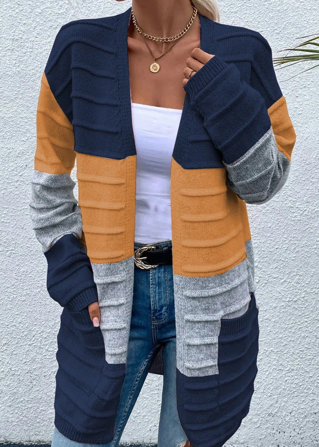 Amazon AliExpress Sweater Women's Fashion Jacket With Big Pockets Autumn And Winter Long Striped Color Matching Cardigan