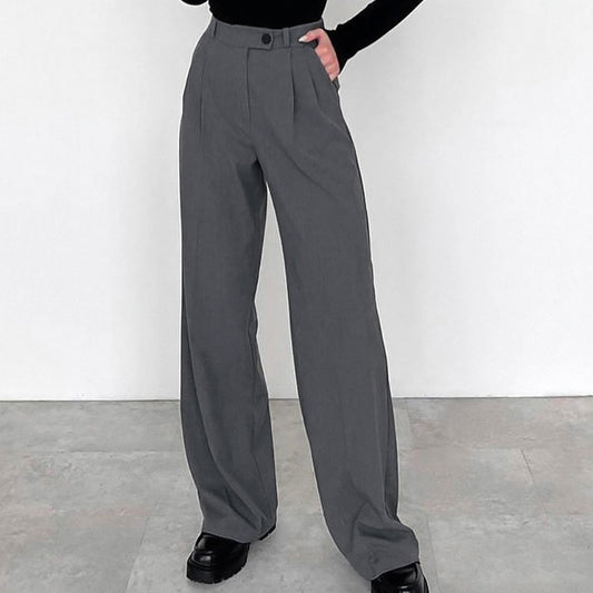 Gray High Waist Straight Commute Style Draped Trousers Pants