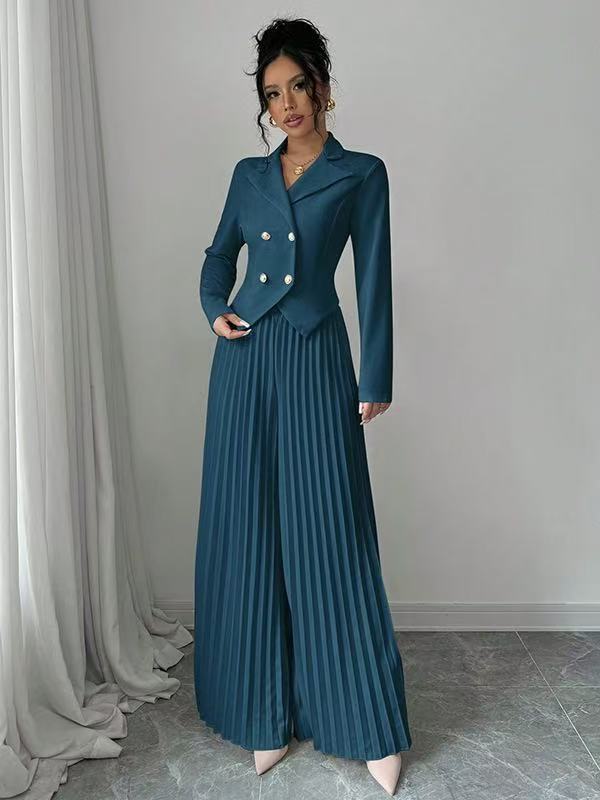 Fashionable Pleated Culotte Two-Piece Pants Set For Women
