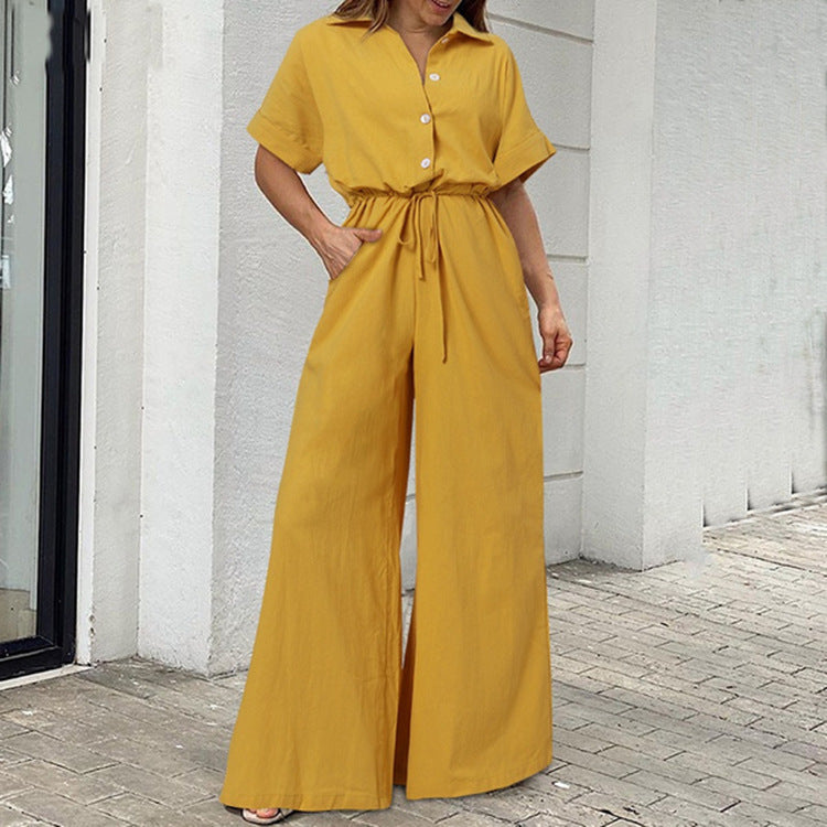 Turnover Collar High Waist Wide Leg Jumpsuit Work Suit