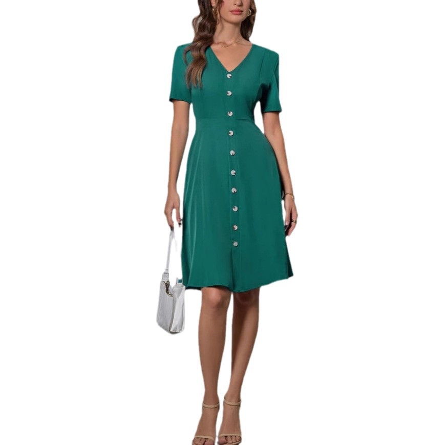 New V-neck Single-breasted Solid Color Dress