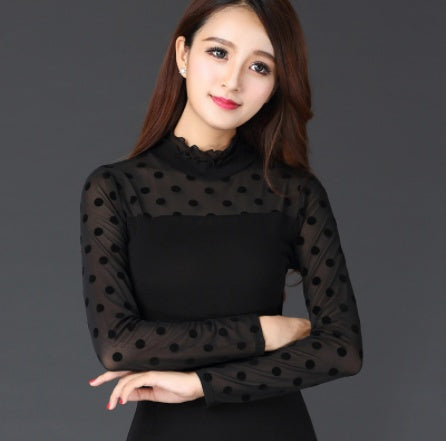 New Fungus Collar Mesh Lace Bottoming Shirt Slim Long-sleeved T-shirt Ladies Top