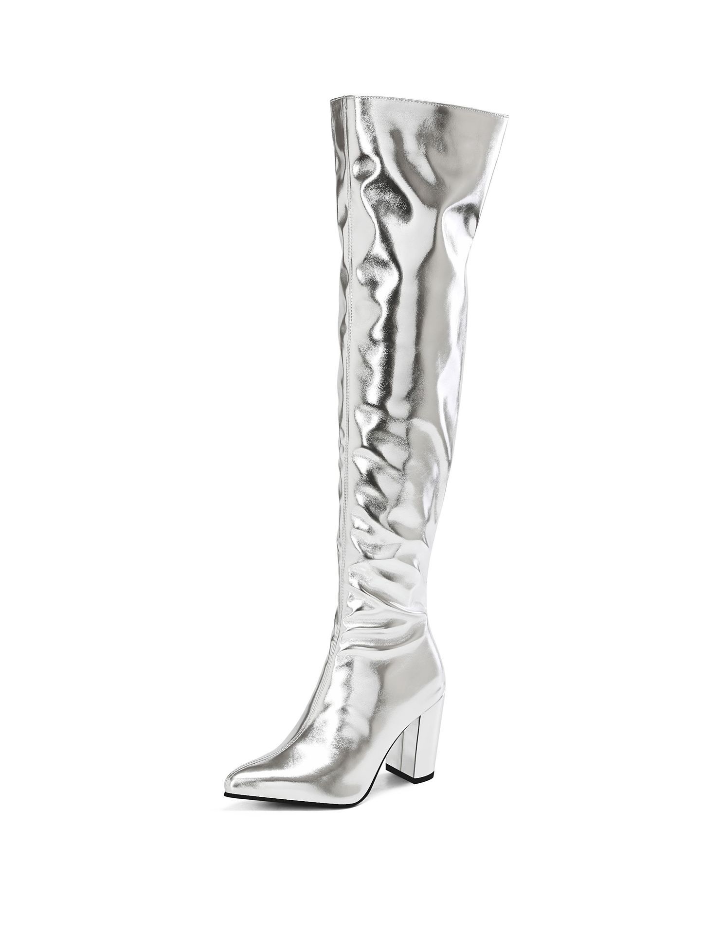 Shiny Gold Patent Leather Chunky-heeled Over-the-knee Boots