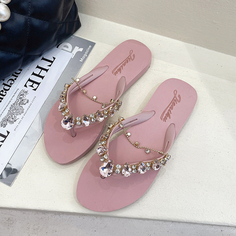 Women's Fashion Casual Rhinestone With Chain Flip-flops