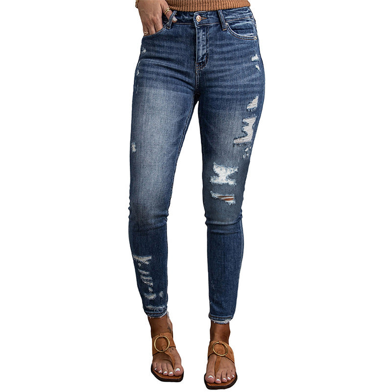Casual Dame Højtaljede Jeans med Rå Kanter og Vasket Look