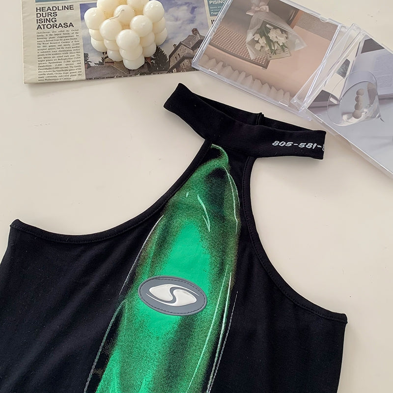 Off-Shoulder Halter Abstract Spice Crop Green Print Tank Top