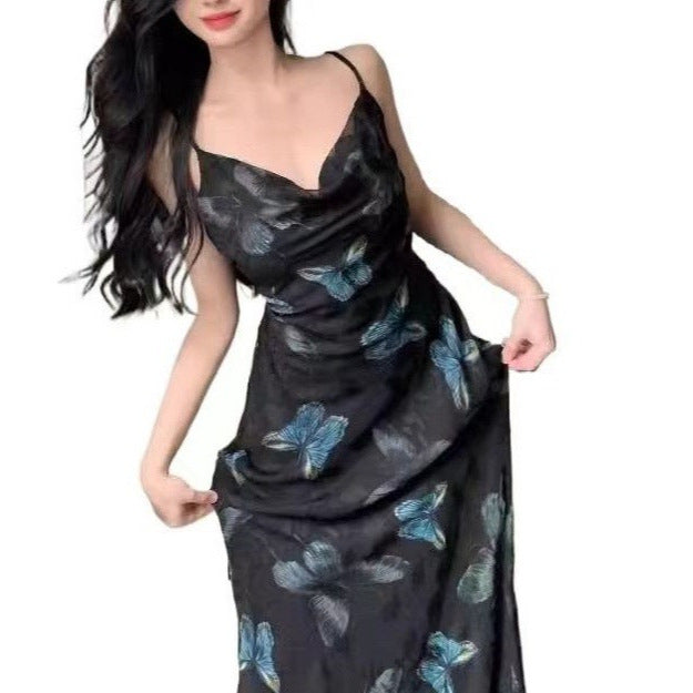 Womens Retro Butterfly French-Style Slim-fit Slip Dress