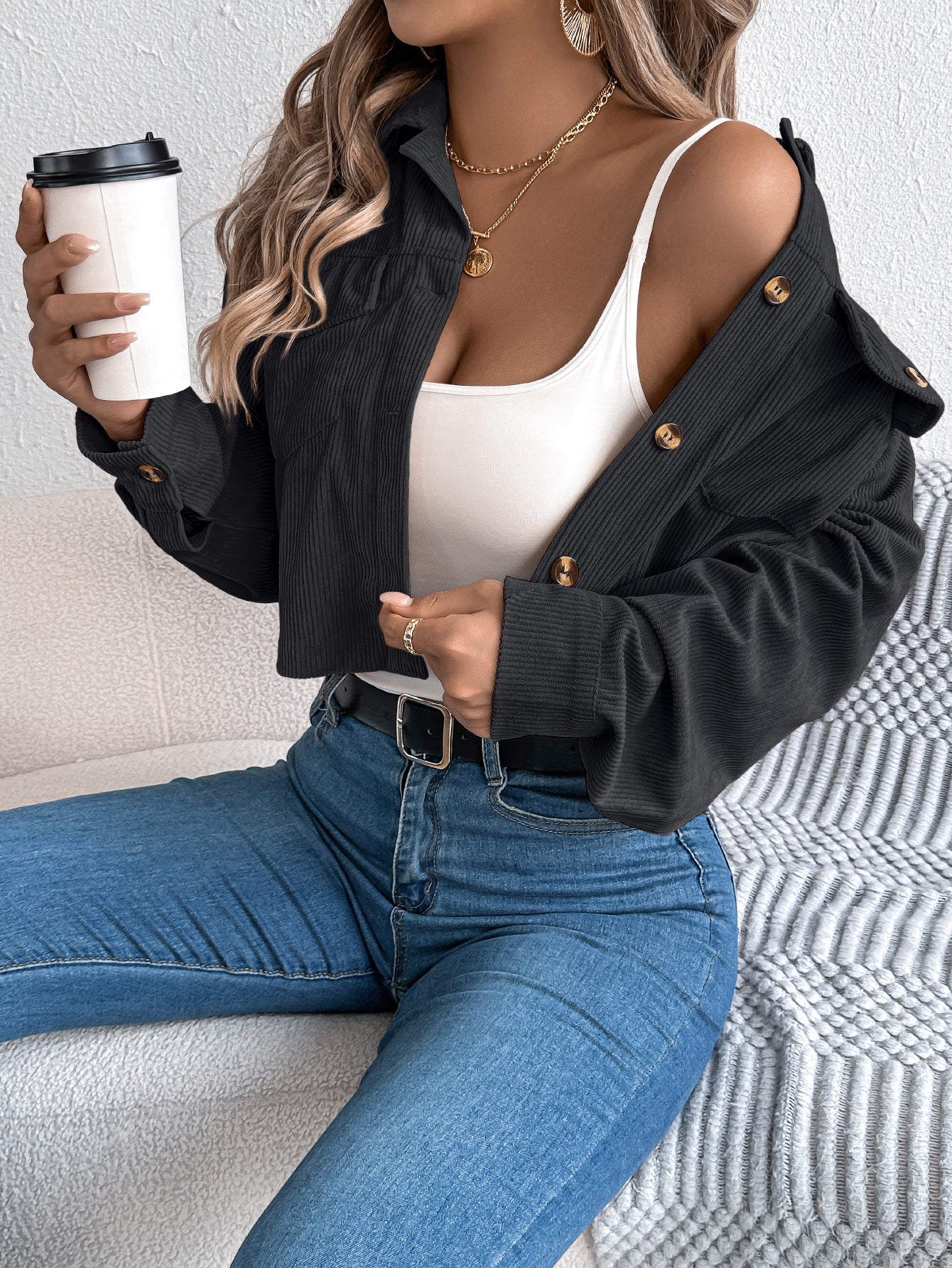 Long Sleeve Corduroy Short Jacket Women