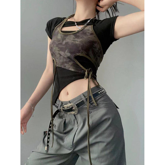 Retro Hot Girl Printed Top Summer Design Sense Niche Chic Short Sleeve Strappy