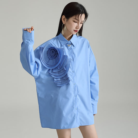 Design Sense Niche Pleated Three-dimensional Flower Long Sleeve Shirt Skirt