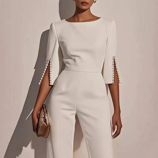 Solid Color Beading Decorative Slim Fit Bodysuit Women's Clothing