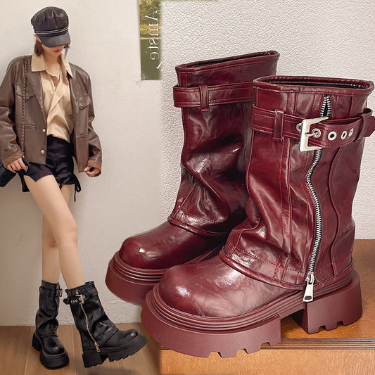 Autumn And Winter British Style Retro Denim Western Knight Boots Small Raise The Bottom Chunky Heel