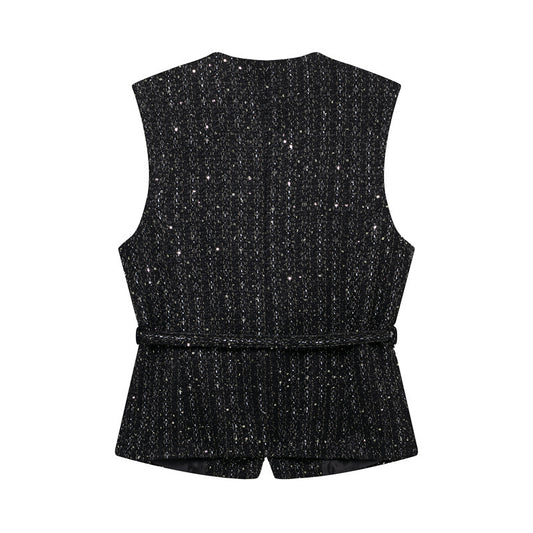 Spring New Casual Belt Vest Women's Clothing With Belt Texture Vest