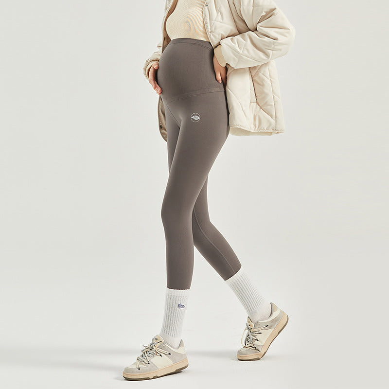 Gravide kvinders leggings, fleece, forår og efterår, sømløse, høj elastiske, maveunderstøttende, tynde yogabukser