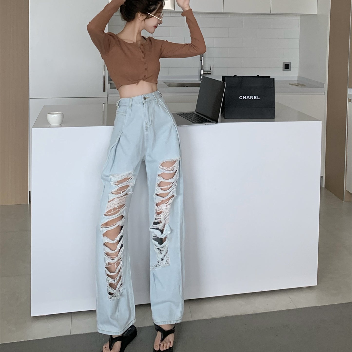 Ripped Straight Højtaljede Wide Leg-bukser Løse Mopping