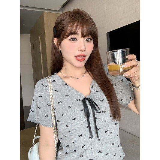 Sweet V-neck Bow Printed Shirt T-shirt