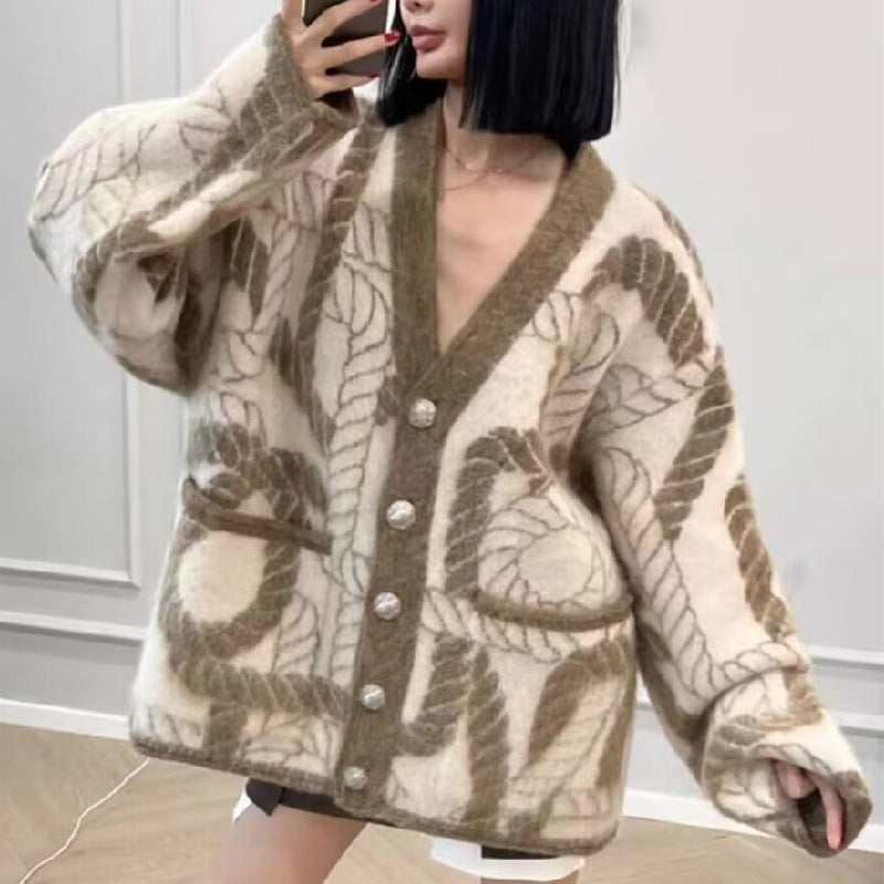 Contrast Color Korean Style Loose Chic Style Cardigan Mid-length Coat For Women