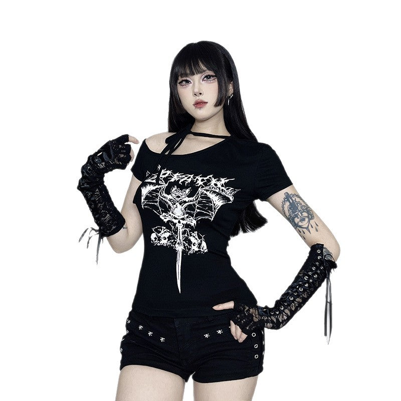 Dark Gothic-style Off-shoulder Basic Print Top