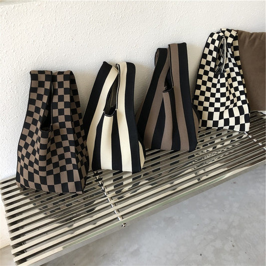 Checkerboard Wool Knit Woven One-shoulder Armpit Bag