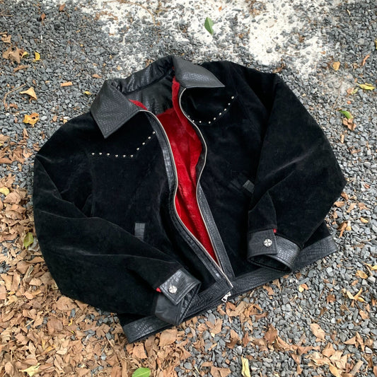 Leather Patchwork Lapel Angola Wool Extra Thick Suede Coat