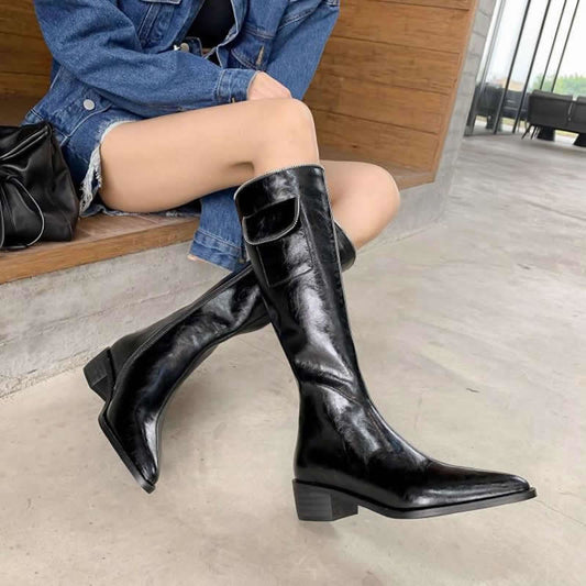 Pointed Retro Mid-heel Mid-tube Thick-heeled Net Red Boots Tide