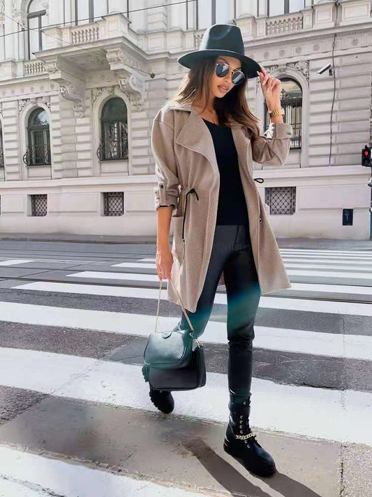 Fashion Suit Collar Drawstring Mid-length Trench Coat