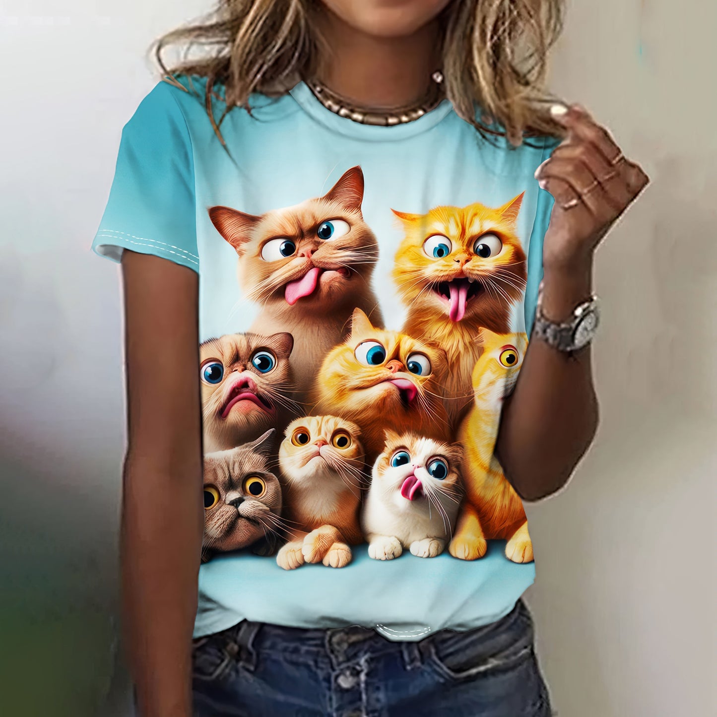 Digital-print Casual Short-sleeve Streetwear Womens Loose-fitting T-shirt