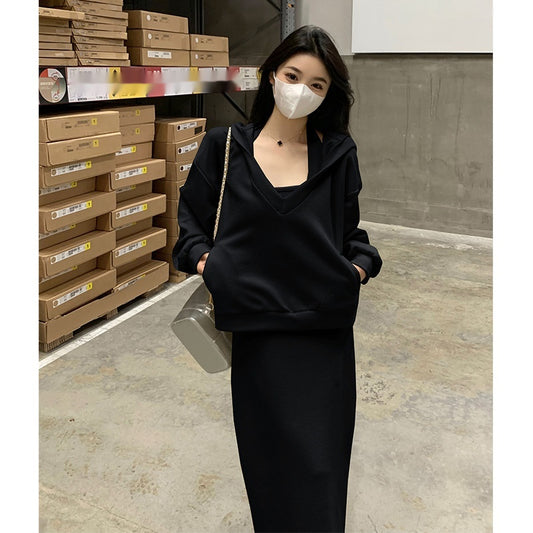 Loose Hooded Sweatshirt Set Women Sexy Knitted Halter Two-piece