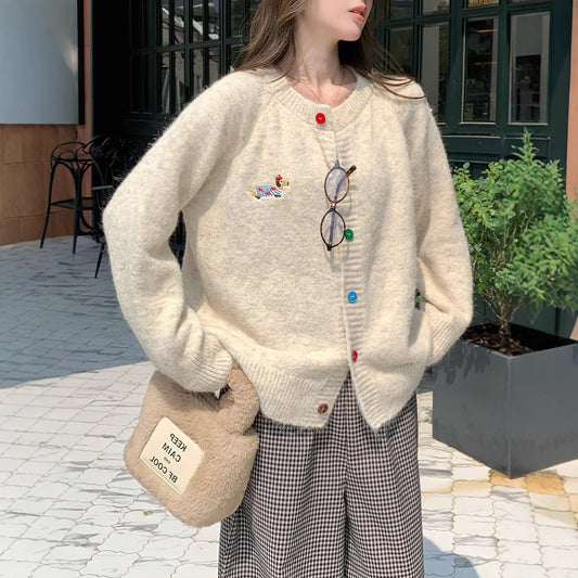 Women's Sweet Round Neck Color Buckle Puppy Pattern Long-sleeved Sweater Cardigan