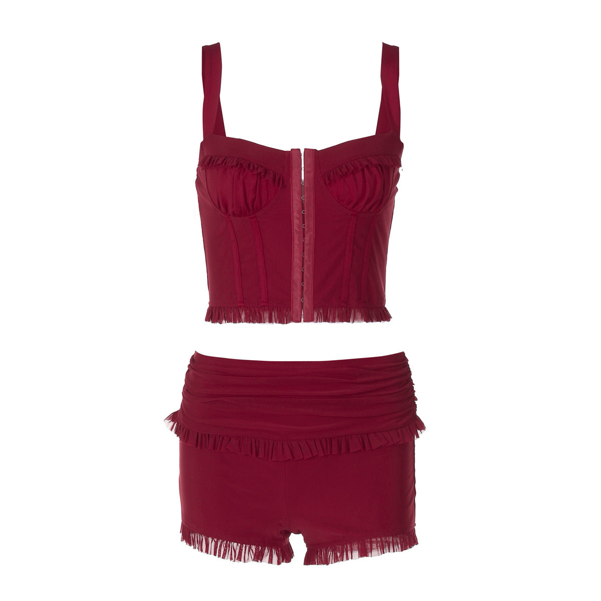 Strap Top And Fitted Lace Shorts Set