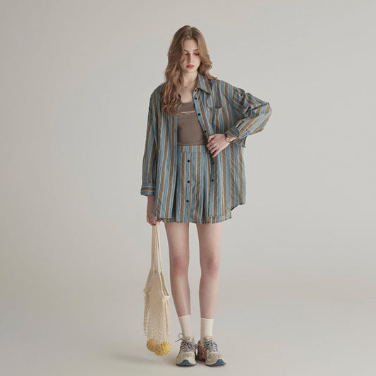 Summer High-grade Sun-proof Set Women's Loose Design Light Striped Shirt Top Temperament Waist-controlled Short Skirt