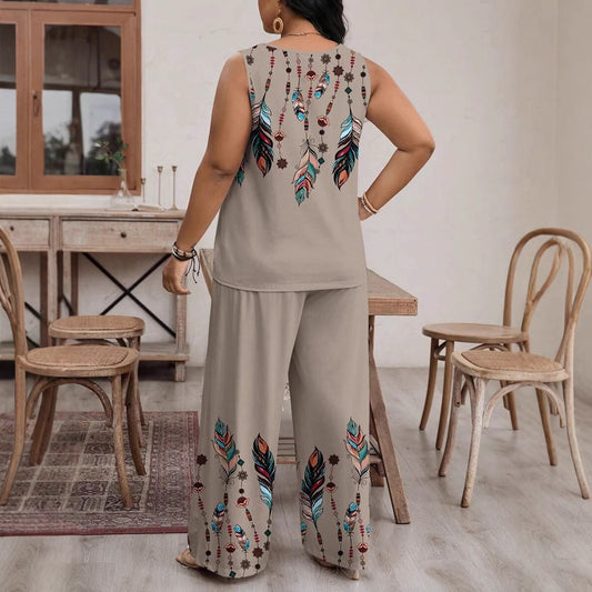Fashion Casual Printed Sleeveless Wide-leg Pants Set