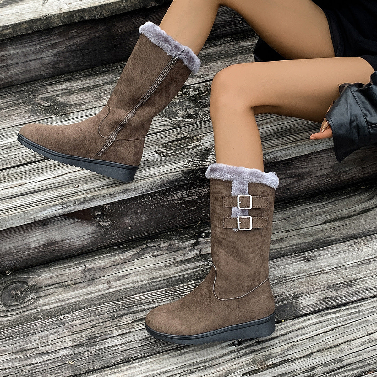 Fleece-lined Thick Mid-calf Martin Boots Wedge Heel