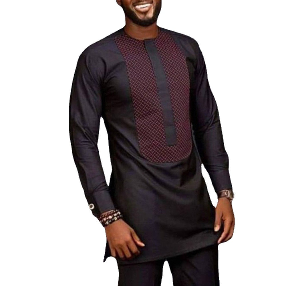 Ethnic Style Men's Suit Printed Stitching Shirt And Solid Color Pants Men Leisure Set