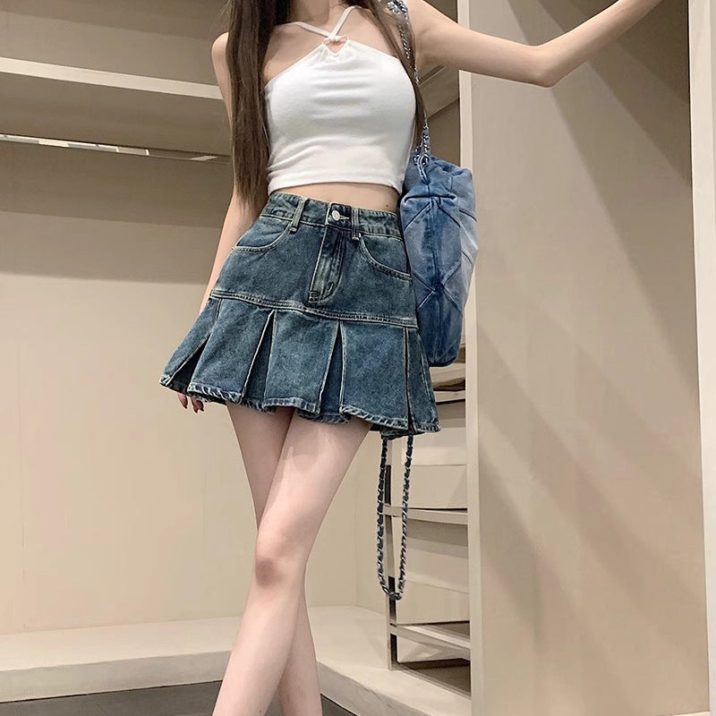 Womens Versatile High-Waisted Pleated Denim Skirt For Summer