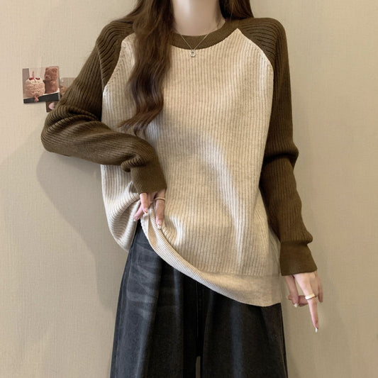 Loose Slim-fit Color-blocked Top To Cover The Belly