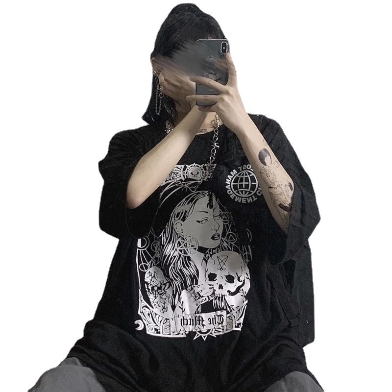 Fashion Brand Dark Printing Loose Crew Neck Top