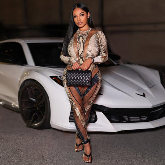 Personalized Snake-Print Bodycon Sexy Jumpsuit And Pants Set