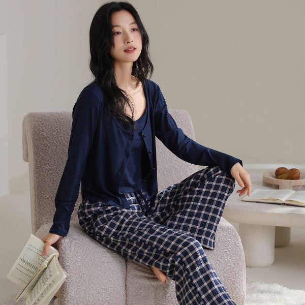 Threaded Colored Cotton Bra-padded Camisole Three-piece Set