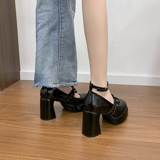 French Style Super High Heel Retro Mary Janes For Women 2026 Spring New Fashion Versatile Platform Block Heel Pumps