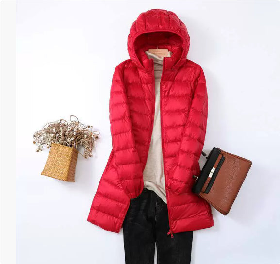 Down Jacket Women's Mid-length Hooded Lightweight Warm Detachable Hat