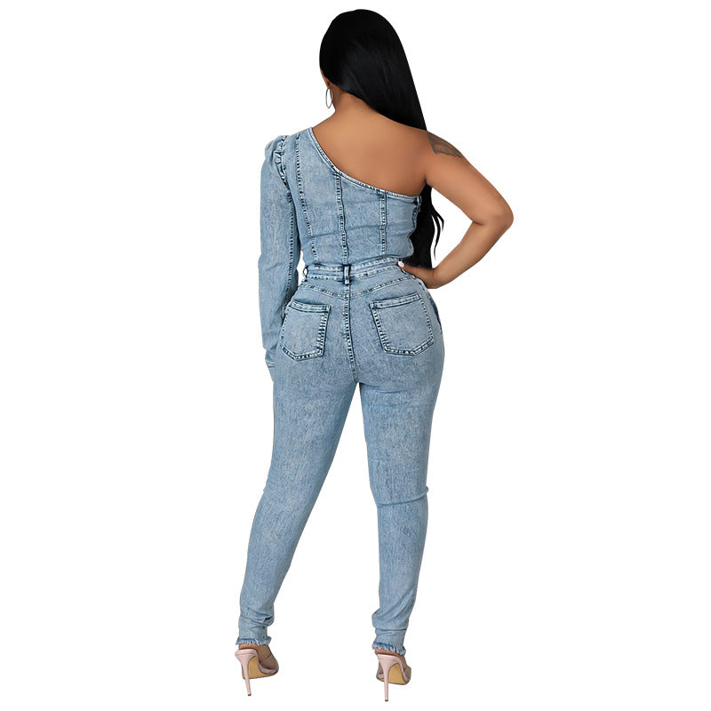 Autumn New Fried Salt Washing Craft Unilateral Sleeve Jumpsuit