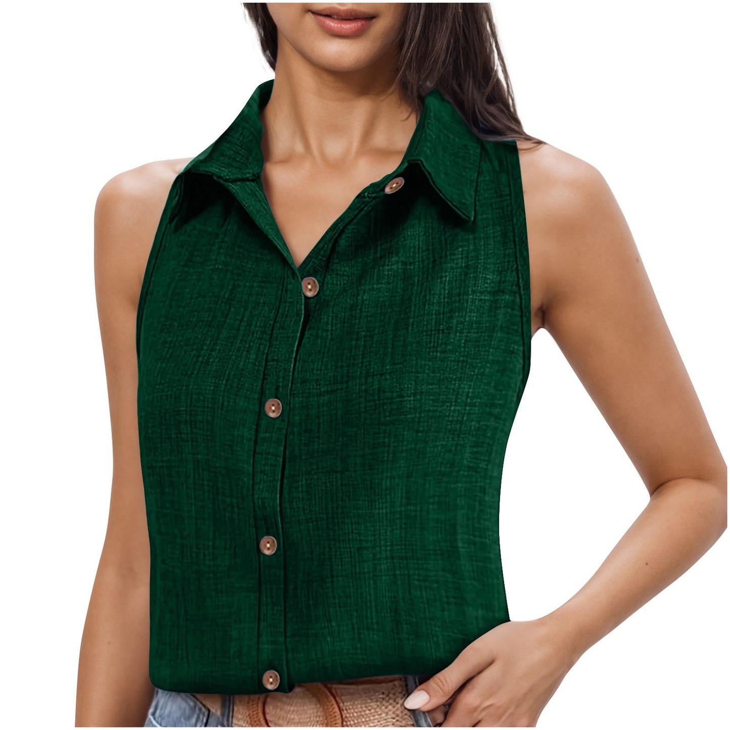 Lapel Cotton Linen Button Sleeveless Shirt Women's Clothing