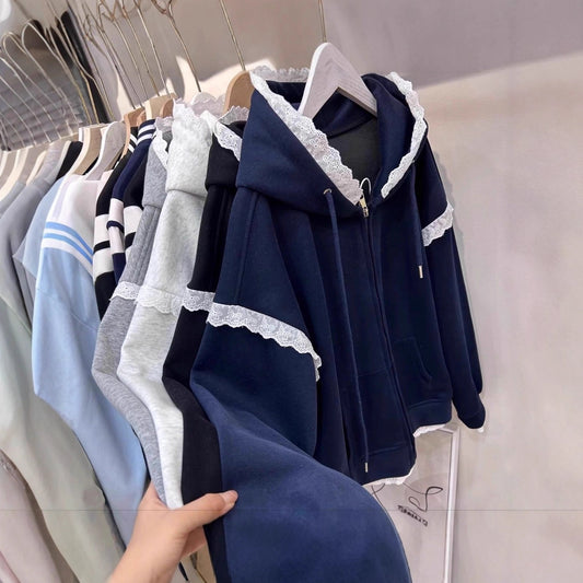 Women's Sweater With Lace Trim And Zipper