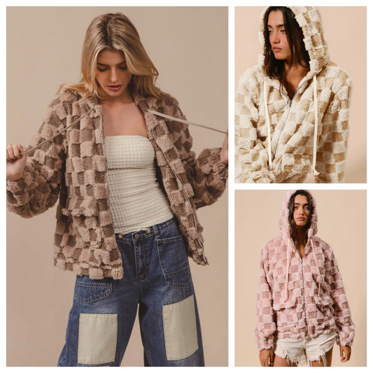 Women's Plaid Zipper Cardigan Hoodie Plush