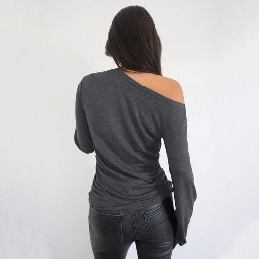 Women's Casual Fashion Trend T-Shirt AutumnWinter Stylish Versatile Loose Slim-Fit Diagonal Collar Top