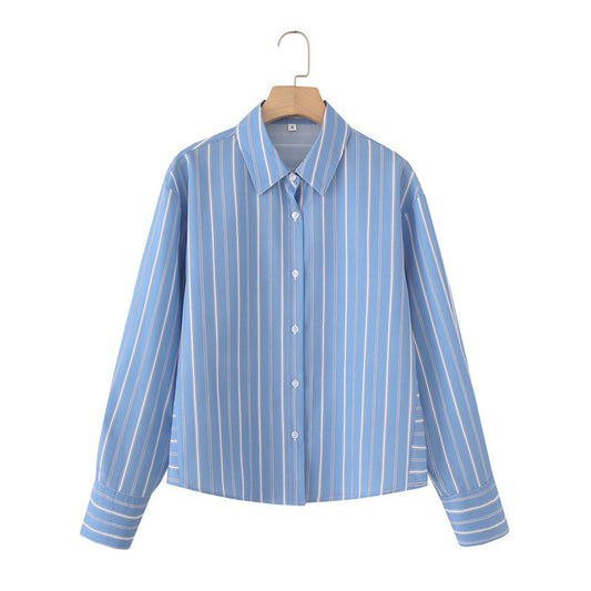 Striped Poplin Cotton Long-sleeved Lapel Shirt