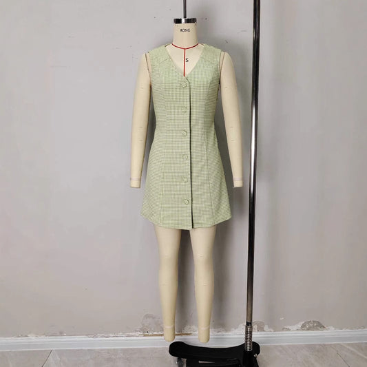 Simple Retro V Neck Buttoned Sleeveless Short Dress For Women